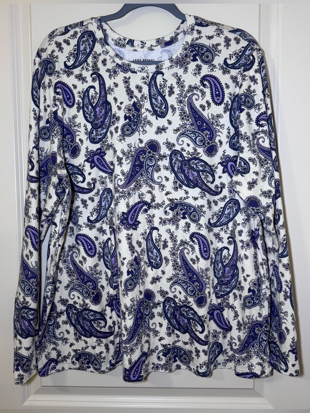 Lane Bryant White Top with Blue & Purple Paisley Print